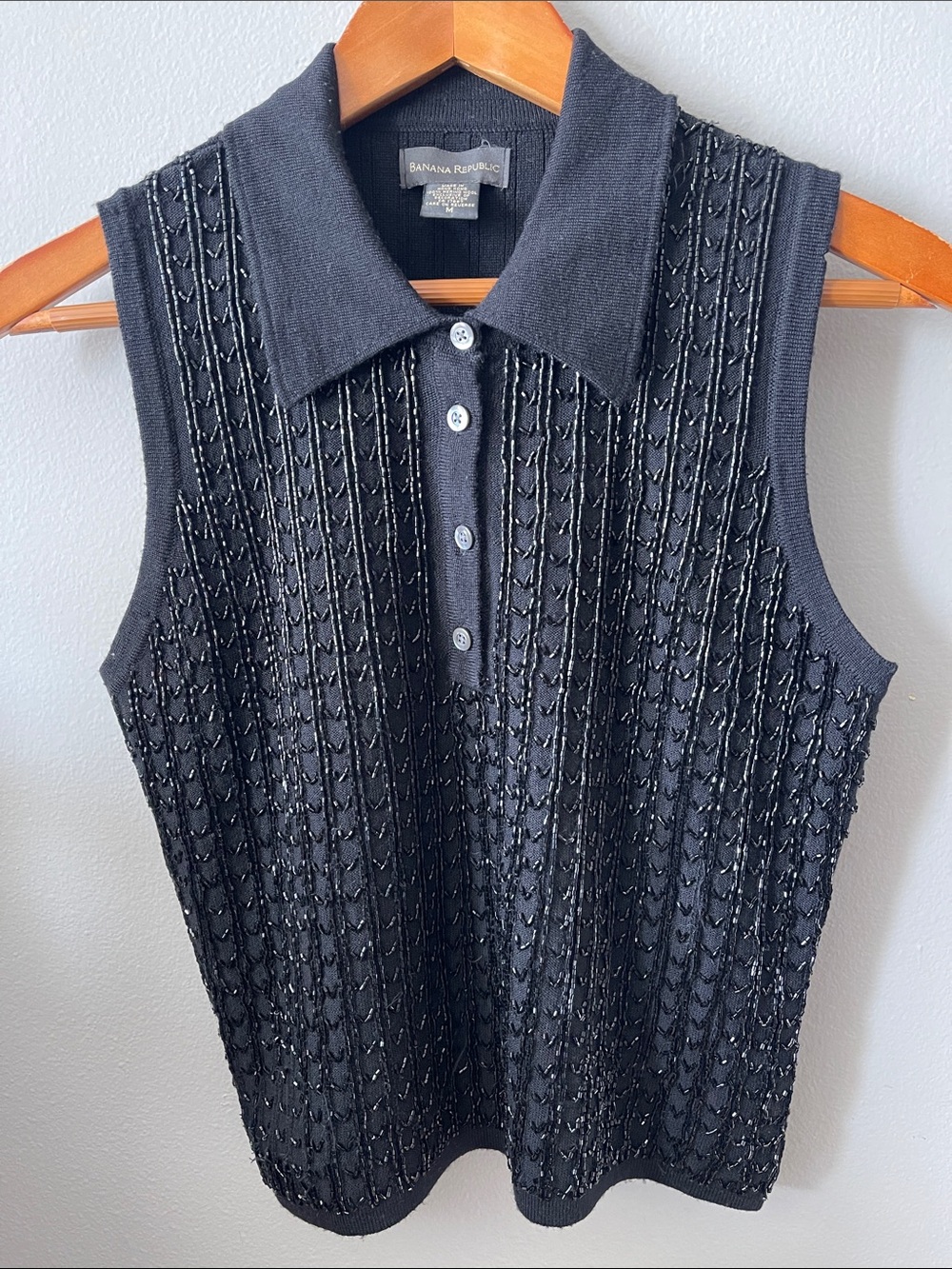 Banana Republic Black Beaded Sleeveless Polo Tank merino wool